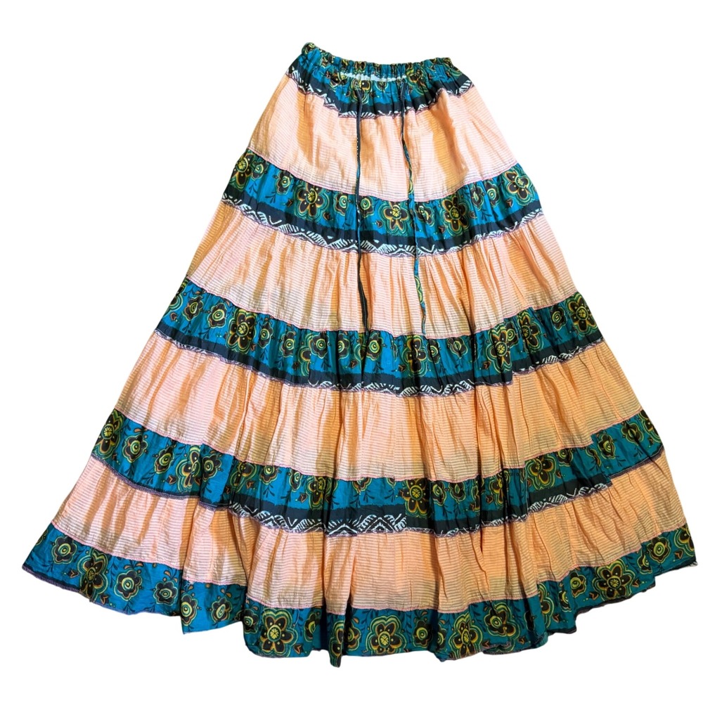 Handmade Maxi Skirt Womens M/L Peach Blue Floral Good Tiered Boho Drawstring